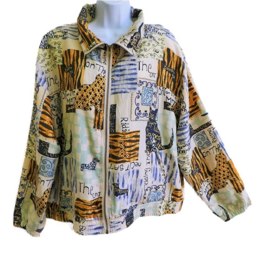 SiLK Vintage 80s Bomber Jacket Full Zip Novelty Cats Horses Dogs Animal Large L